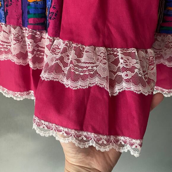 PITCHFORK BRAND Vintage 70's Womens M Prairie Skirt Vibrant Pink Lace Abstract - Picture 3 of 9
